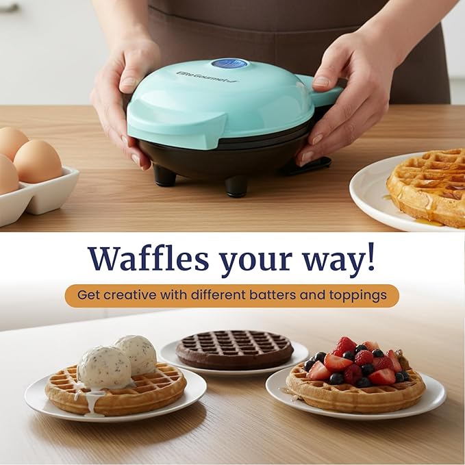 Elite Gourmet EWM015M# Electric Nonstick 4.5-inch Mini Waffle Maker, Belgian Waffles, Compact Design, Hash Browns, Keto, Snacks, Sandwich, Eggs, Easy to Clean, Mint