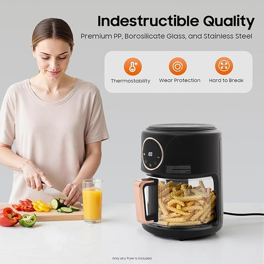 PERFERATE Glass Air Fryer 4.44Qt Capacity Glass Airfryer with 360° Transparent Viewable Fry Bowl, Precise Temperature(175°F - 400°F) & Time(60 Min) Control, 1200W Oil-Less Cooking (Black)