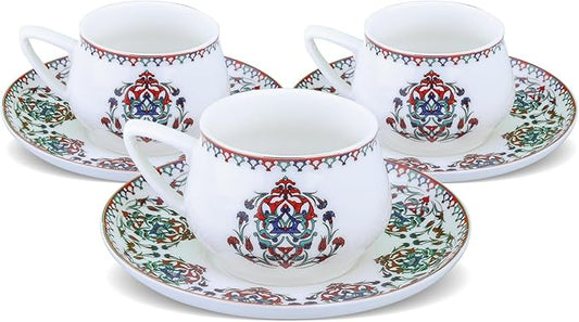 KARACA Nakkas Turkish Coffee Cup Set of 6, (12 Piece) White Cups with Saucers - 3.3 fl oz Small Porcelain Espresso Set - Ideal for Serving Greek, Arabic Coffee