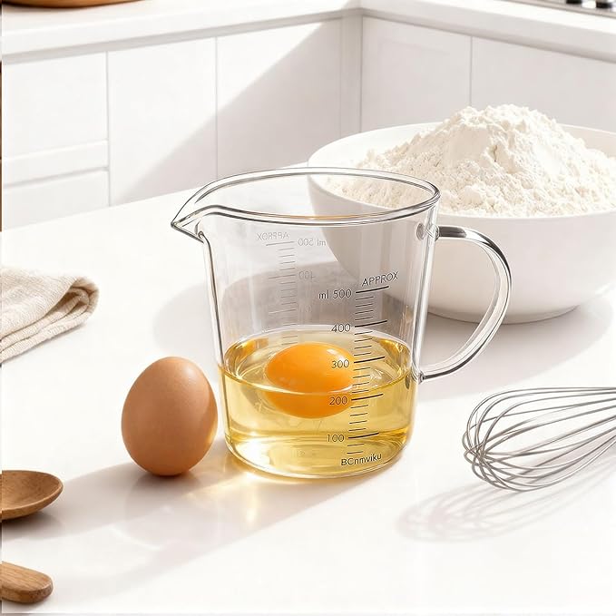 BCnmviku Glass Measuring Cups High Borosilicate 500ML 2CUPS [Insulated Handle | V-Shaped Spout]For Prepping Baking and Cooking Preheated Oven Dishwasher Freezer and Microwave Safe