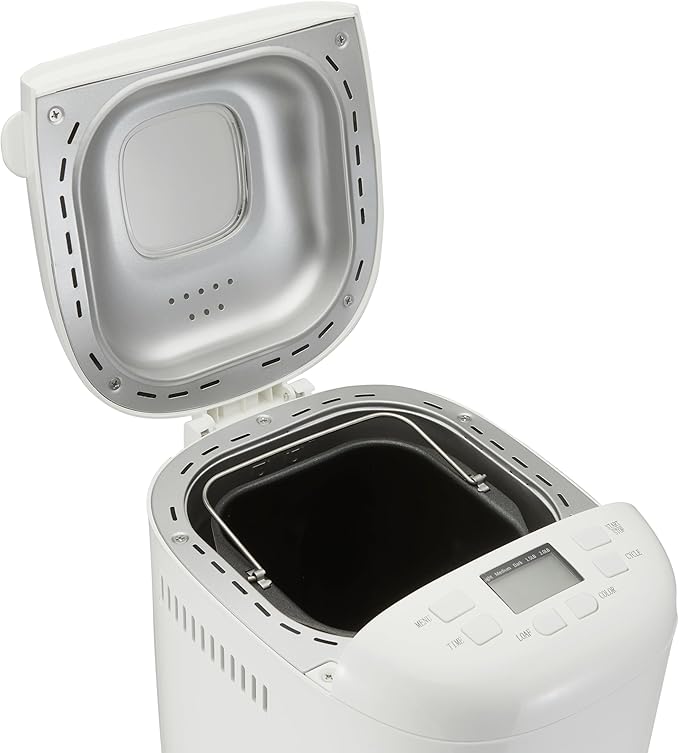 Amazon Basics Programmable Bread Maker, 2 Pound Non-Stick Automatic Bread Making Machine, 14 Settings for Breads, Doughs, Gluten-Free Options, ExpressBake, 3 Crust Colors, LCD Display, White