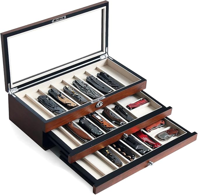 Bonaking Three-Tier Knife Display Case Box with Glass Window and Walnut Finish - Stores 22-26 Pocket Knives - Perfect for Men's Gift