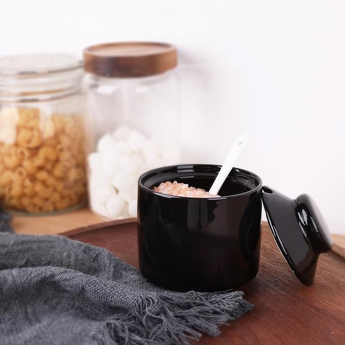 HAOTOP 8 oz Sugar Bowl with Lid and Spoon,Ceramic Sugar Jar Sugar Dispenser Sugar Container Coffee Bar Accessories, Kitchen Countertop Canisters (Black)