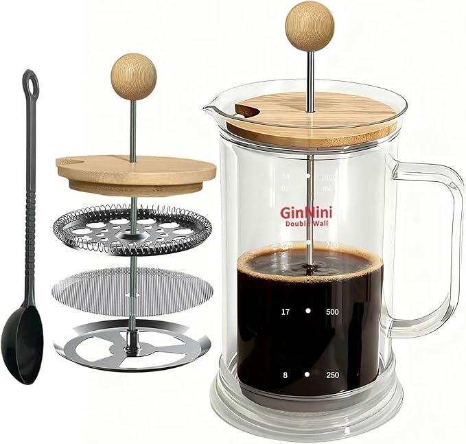 GinNini 34-Ounce French Press Coffee Maker, Double Wall Borosilicate Glass Carafe with Removable Stainless Steel Filter and Shaft with Enlarged Bamboo Knob and Lid,Heat-Resistant for Coffee and Tea