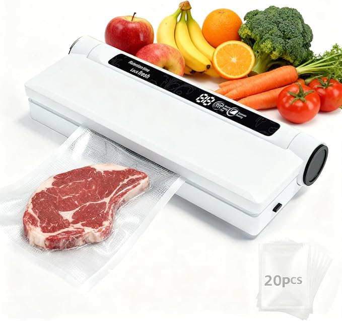 Food vacuum sealer, 75 kPa ，Compact Vacuum Sealer, equipped with a digital timer, Dry/Wet,sealing, including 20 Vacuum Sealer Bags, The chef's ideal food saver