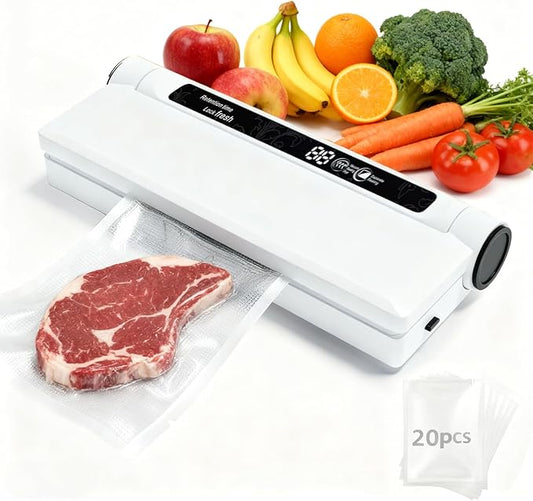Food vacuum sealer, 75 kPa ，Compact Vacuum Sealer, equipped with a digital timer, Dry/Wet,sealing, including 20 Vacuum Sealer Bags, The chef's ideal food saver