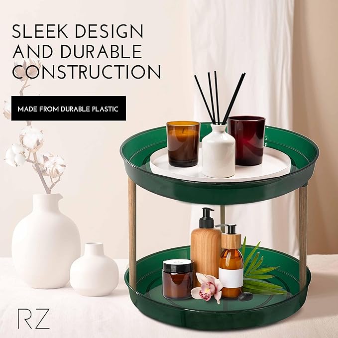 Rachel Zoe 2 Tier Lazy Susan Organizer, Wood Two Tier Lazy Susan Turntable, 360° Spin Tray Organizer, Pantry Spice Organizer for Kitchen, Rotating Bathroom Counter Organizer