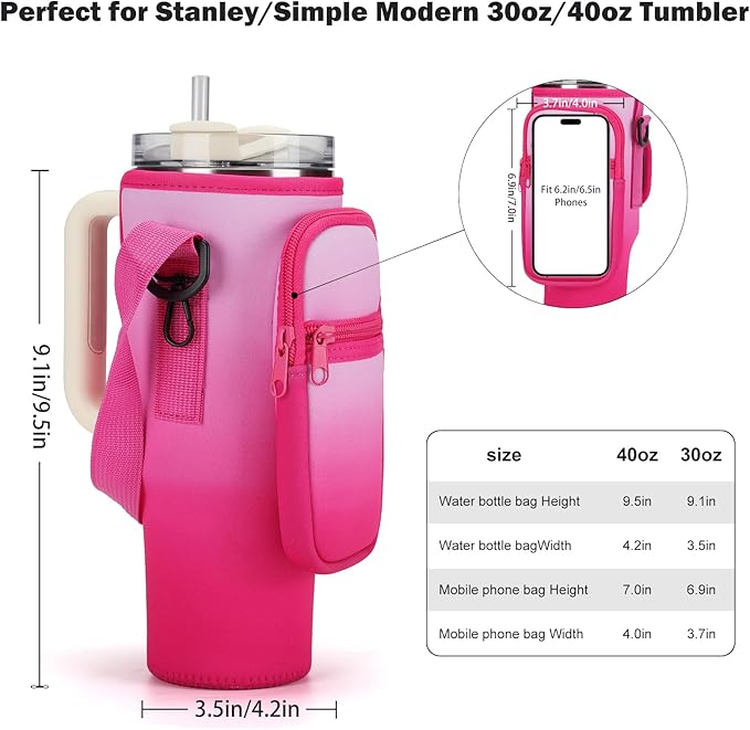Water Bottle Carrier Bag for Stanley 40/30 oz Tumbler with Phone Pocket Neoprene Water Bottle Holder with Shoulder & Handheld Strap Stanley Cup Accessories