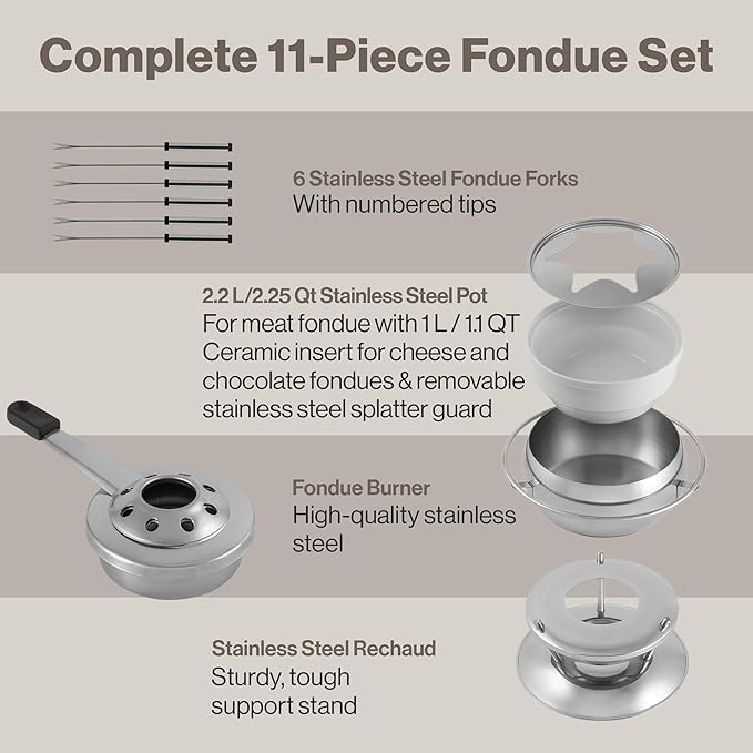 Swissmar Zuri 11-Piece Stainless Steel 3-in-1 Fondue Set - Ideal for Melting Cheese, Chocolate, Butter, & More - Perfect for Kitchen Collection & Wedding Gift Giving, 2.25 Quarts / 2.2 Liter