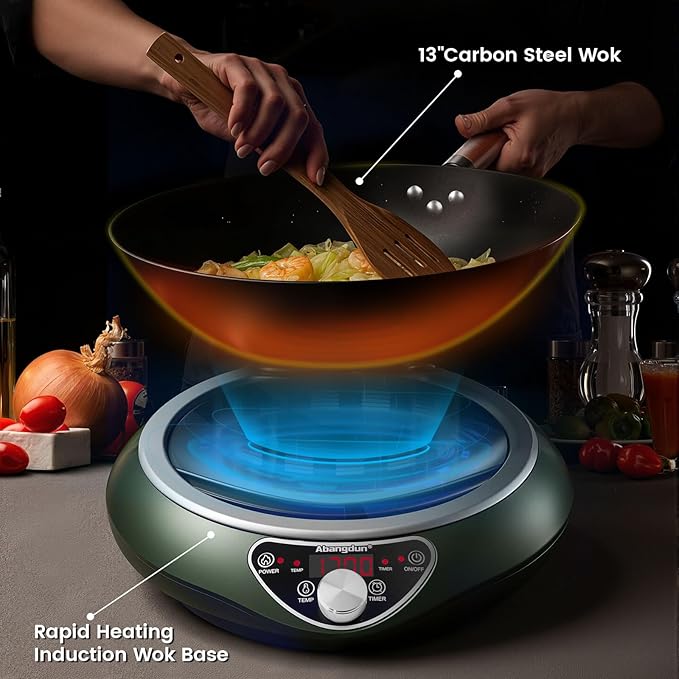 Abangdun 1700W 120V Wok Induction Cooktop,Non-Pulse Heating,16 Levels,18H Timer,13.4" Nitrided Carbon Steel Wok Set w/Lid&Steaming Rack,Round-Bottom Wok+ Flat Pan Compatible (<9"), Wok-Style Stir-Fry