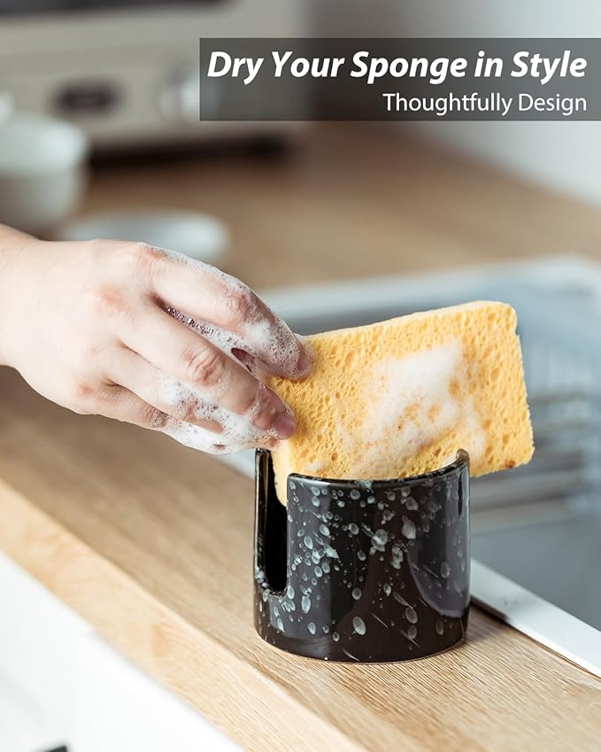 Sponge Holder for Kitchen, Ceramic Sink Scrub Sponge Rack Dish Rack Scrubbers Holder for Kitchen Sink, Bathroom, Black