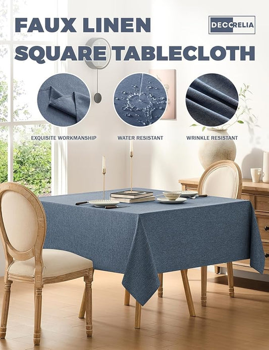 Faux Linen Square Tablecloth for Dining Room,Waterproof Texture Decorative Farmhouse Rustic Table Cloth for Indoor Outdoor Party Holiday Banquet Picnics Patio,52x52 Inch (Square),Denim Blue
