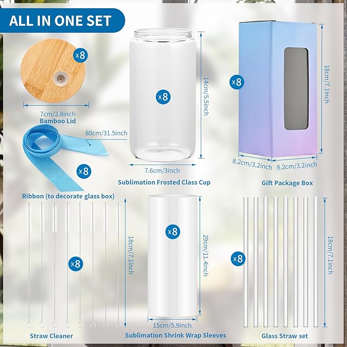 Sublimation Glass Blanks with Bamboo Lid, 16OZ Clear Sublimation Beer Cups with Glass Straws Gift Box for Christmas, Mason Jar Cups Mug Travel Tumbler for Juice, Iced Coffee, Drinks (8 PACK)