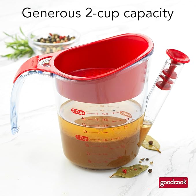 GoodCook Everyday Fat Separator for Cooking, 2-Cup Heat-Resistant Separator with Pour Spout, Bottom Release Fat Separator for BBQ and Gravy, Strainer and Silicone Stopper for Mess-Free Use