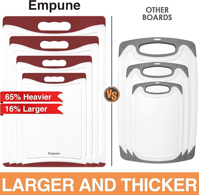 Extra Large Cutting Boards, Plastic Cutting Boards for Kitchen (Set of 4) Cutting Board Set Dishwasher Chopping Board with Juice Grooves Easy-Grip Handles, Red, Empune