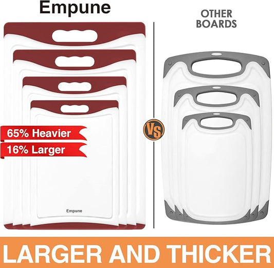 Extra Large Cutting Boards, Plastic Cutting Boards for Kitchen (Set of 4) Cutting Board Set Dishwasher Chopping Board with Juice Grooves Easy-Grip Handles, Red, Empune
