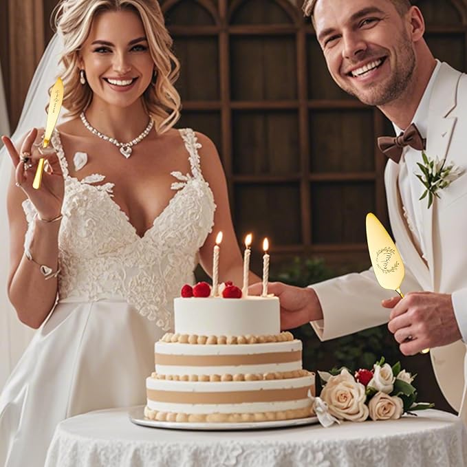Wedding Cake Knife and Server Set, 4 Pack Stainless Steel Cake Cutting Knife, Slicer and Forks Server for Wedding, Anniversary, Birthday, Baby Shower(Gold)
