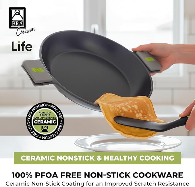 BRA COOKWARE Life Ceramic Nonstick Paella Pan | 14 Inch Recycled Aluminum Spanish Paellera | Ceramic Nonstick Wide Skillet | Oven Safe 425°F | PFOA Free Spanish Paella Skillet | All Cooktops