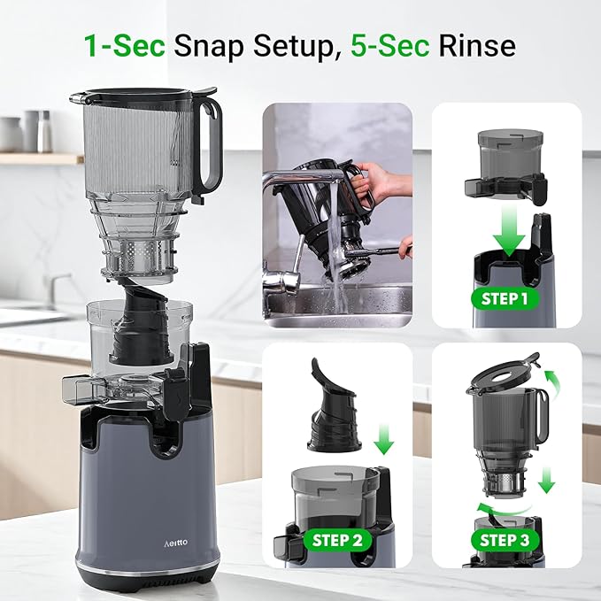 Aeitto Juicer Machines, 5.3" Extra Large Feed Chute Cold Press Juicer, Fit Whole Vegetables & Fruits, Easy to Clean, High Juice Yield,Slow Masticating Juice Extractor,Self Feeding