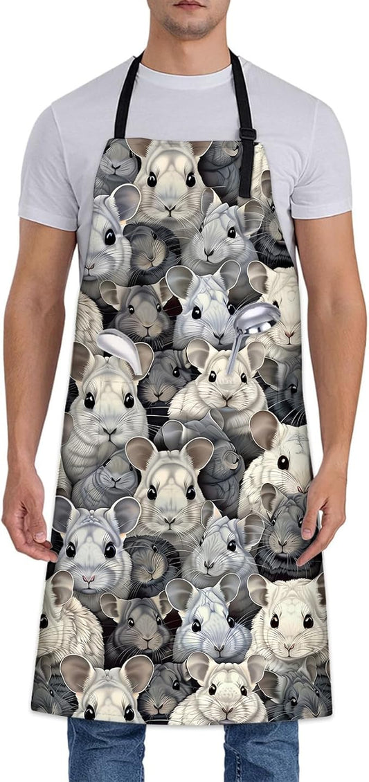 Cute Chinchilla Apron, Adjustable Kitchen Realistic Chinchilla Faces Aprons with Pockets for Cooking BBQ Gardening, 28×33 IN, Holiday Gifts for Women Men Wife, for Chef Baking, Oxford Fabric