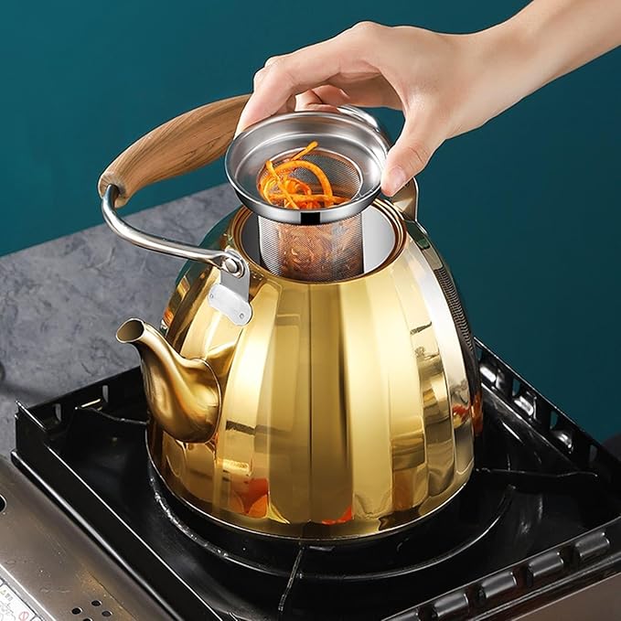 Gold Tea Kettle Stovetop with Infuser, 304 Stainless Steel Teapot for All Stovetops(1.5L)