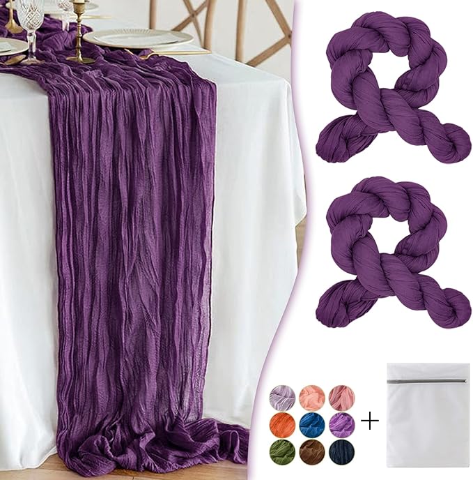Plum Purple Cheesecloth Table Runner 2 Pack 35" Boho Gauze Table Runner 120 inches Long Runner Rustic Sheer Fabric Bulk for Baby Shower Wedding Bridal Birthday Party Table Decorations