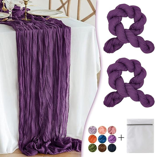 Plum Purple Cheesecloth Table Runner 2 Pack 35" Boho Gauze Table Runner 120 inches Long Runner Rustic Sheer Fabric Bulk for Baby Shower Wedding Bridal Birthday Party Table Decorations