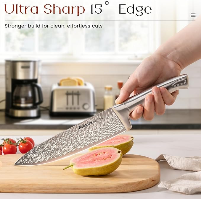 Astercook Knife Set, 15-Piece Kitchen Knife Set with Block and Built-in Sharpener, Ultra-Sharp German Stainless Steel Knife Block Set, Ergonomic Handle, Dishwasher Safe