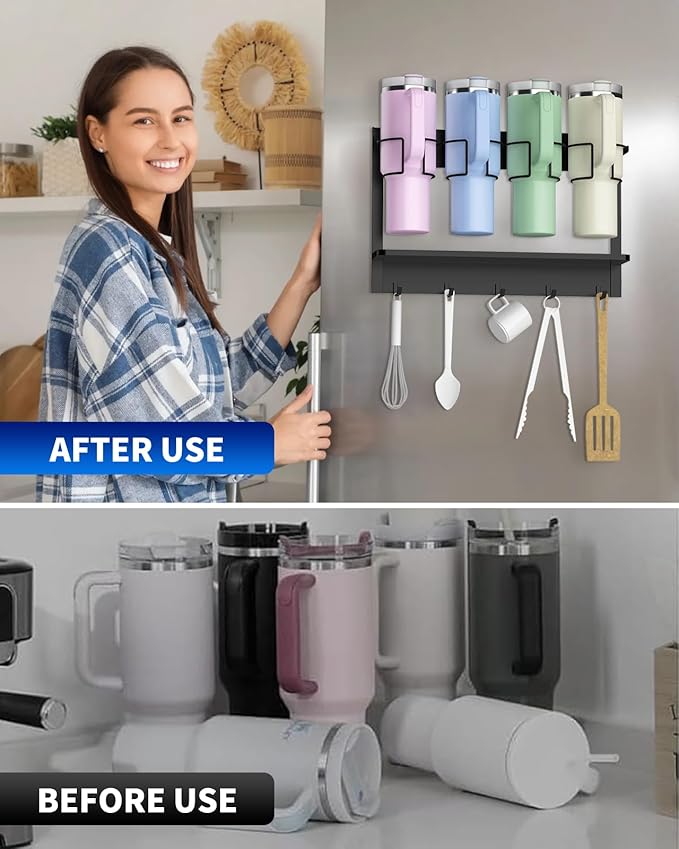 Magnetic Cup Holder for Stanley 20/30/40 oz, Water Bottle Organizer for Stanley & Most Tumblers Kitchen Cabinet Fridge Storage Rack with 5 Hook