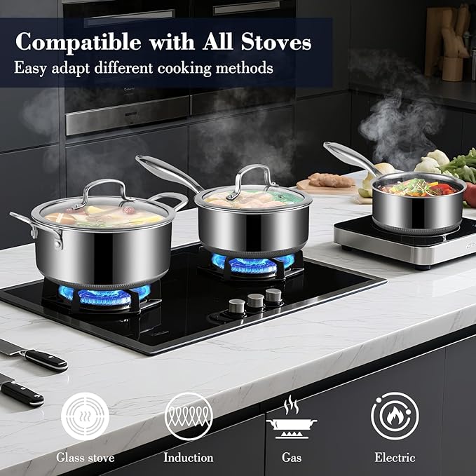 Non Stick Pot and Pan Set 8 Pieces, 1.5 QT, 2 QT Saucepan & 5.2 Quart Stock Pot Set with Matching Tempered Glass Lid Double Trivets, Dishwasher & Oven Safe Up to 500℉ Compatible with All Cooktops