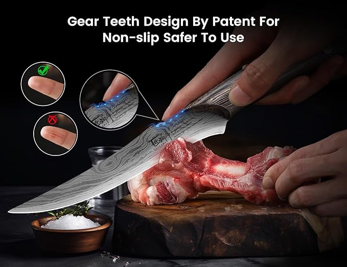 Boning Knife for Meat Cutting, 6.7 Inch Fillet Knife with Wood Handle, High Carbon Razor Sharp Flexible Blade for Deboning, Trimming, Damascus Pattern Full Tang Design, House Warming Gifts