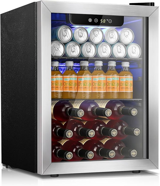 Kismile Mini Fridge 48L Refrigerator for 16 Bottle 68 Can,1.7 Cu.Ft Mini Refrigerator Cooler with Quiet Compressor,LED Light,Electronic Temperature Control for Home/Bar/Office 40-61℉,Silver