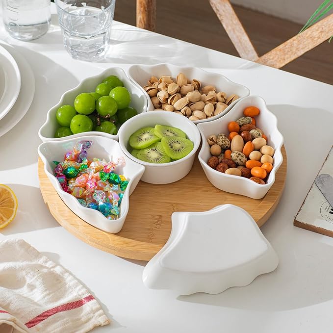 Porcelain Divided Serving Dishes, Relish Tray, 12'' Serving Tray and Platter with 6 Removable Compartment, for Party, Kitchen Decor, for Chips and Dip, Fruits, and Condiment