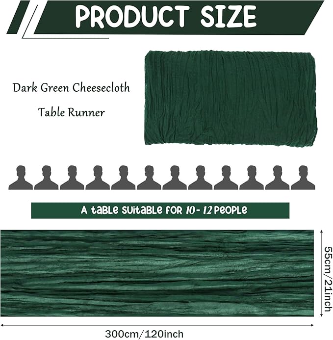 10 Pack Dark Green Cheesecloth Table Runner 10FT Boho Gauze Fabric Table Runner Vintage Rustic Sheer Runners for Wedding Party Bridal Baby Shower Long Table Decorations