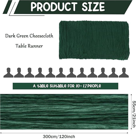 10 Pack Dark Green Cheesecloth Table Runner 10FT Boho Gauze Fabric Table Runner Vintage Rustic Sheer Runners for Wedding Party Bridal Baby Shower Long Table Decorations