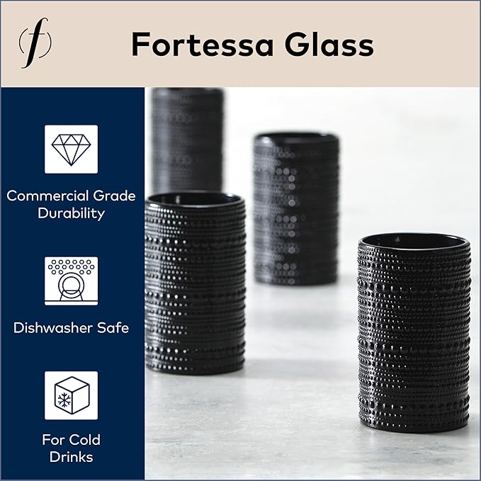 Fortessa Jupiter Beaded Hobnail Glass, 13 Ounce Iced Beverage (Set of 6), Obsidian Black