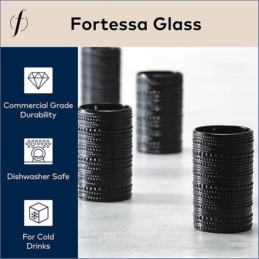 Fortessa Jupiter Beaded Hobnail Glass, 13 Ounce Iced Beverage (Set of 6), Obsidian Black