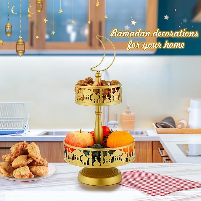 2 Tiered Ramadan Serving Trays Decorations for Home - Eid Mubarak Metal Platters Table Decor Gifts, Islam Muslim Al-Fitr Iftar Party Food Display Dishes (Palace Pattern)