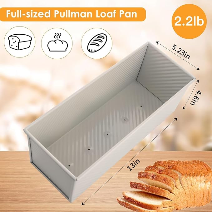 Spmarkt Premium Beige 13-inch Pullman Loaf Pan with Lid, 2.2 lb Sandwich Loaf Pan for Homemade Bread, PFTE and PFOA-Free Non-Stick Rectangle Bread Pan, Safe and Healthy, Easy to Clean