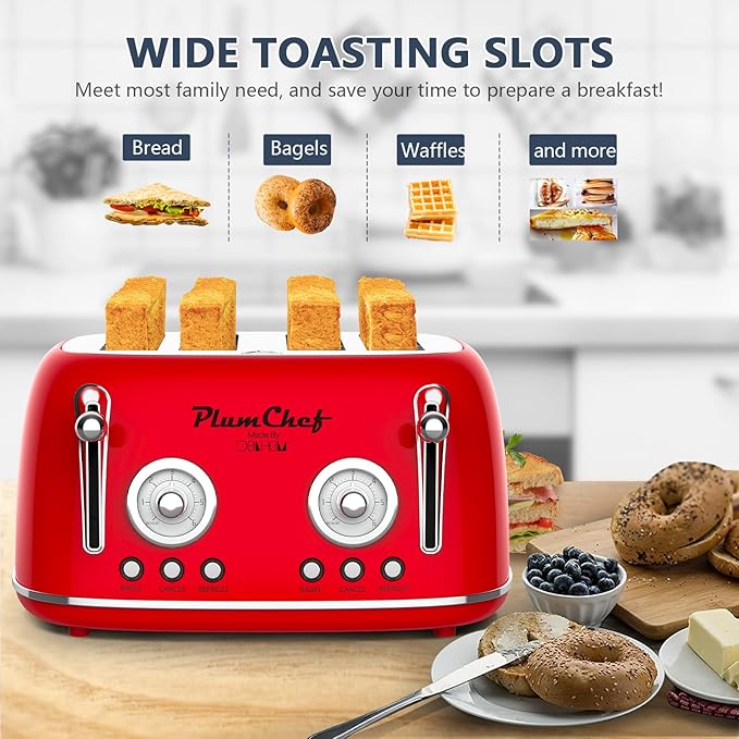 4 Slice Retro Style Toaster, Dual Control Toaster, 6 Browning Settings, Bagel/Defrost Functions, Removable Crumb Tray, Stainless Steel Housing 1650W, Red