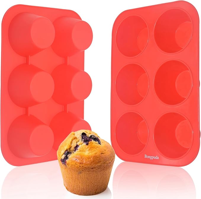 Bongpuda Silicone Large Muffin Pan 2 Pack,6 Cup Large Silicone Cupcake Pan,Non-Stick Jumbo Muffin Pans,Food Grade Cupcake Molds,Perfect for Egg Muffin,Big Cupcake