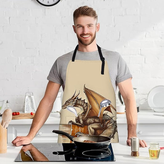Dragon and Book Apron with Adjustable Neck Strap,Ancient Books Fantasy Kitchen Aprons with 2 Pockets for Women,28x33in,Oxford Fabric,Gifts for Wife Mom,For Chef Cooking Baking Gardening BBQ