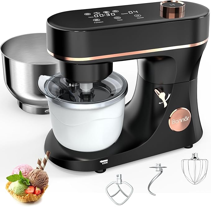 Bonnor Stand Mixer Set, 6QT Kitchen Mixer with LED Touchscreen, 11-Speed Tilt-Head Mixer with Timer, 4 Preset Menus, Stainless Steel Bowl, Hook, Whisk, Beater,Plus 2QT Ice Cream Maker Attachment,Black