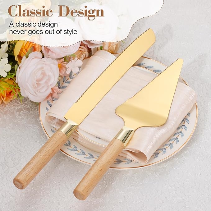 Gold Cake Cutting Set for Wedding, Wood Cake Knife and Server Set, Rustic 2-Piece Pie Cutter Serving Set, Serrated Dessert Utensils, Bridal Anniversary Quinceañera Gift (Oak color)