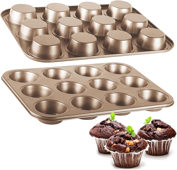 TAOUNOA Muffin Pan Cupcake Tin Nonstick, 2PCS Durable Baking Pan for Muffins & Cupcakes, Easy Clean Carbon Steel Muffin Tin for Oven Use, Parties, Gold, Standard 12 cup