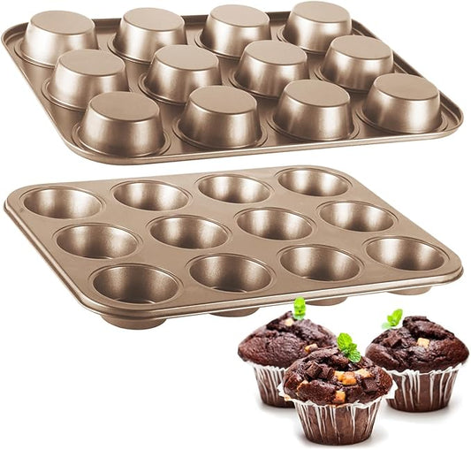 TAOUNOA Muffin Pan Cupcake Tin Nonstick, 2PCS Durable Baking Pan for Muffins & Cupcakes, Easy Clean Carbon Steel Muffin Tin for Oven Use, Parties, Gold, Standard 12 cup