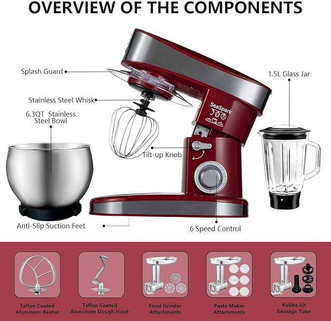 SeaSpark Multifunctional Stand Mixer, 6 in 1 Stand Mixer, 6.3Qt Tilt-head, Standing Mixer with Stainless Steel Bowl, Meat Grinder, Juice Blender, for professional Baking and Most Home Cooks, Red