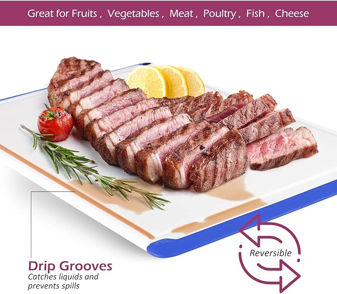 Large Cutting Boards for Kitchen - Dishwasher Safe Non-Slip Cutting Boards with Juice Grooves, Easy Grip Handles - Large and Thick Chopping Board Blue