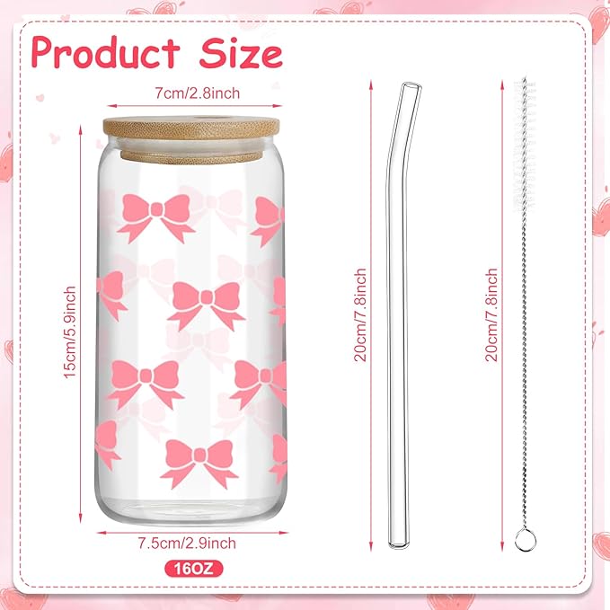 Pink Bow Glass Cups with Lids and Straws, 4 Pcs 16 OZ Coquette Bow Aesthetic Glass Iced Coffee Cup Smoothie Reusable Mug Tumbler for Girls Women Sister