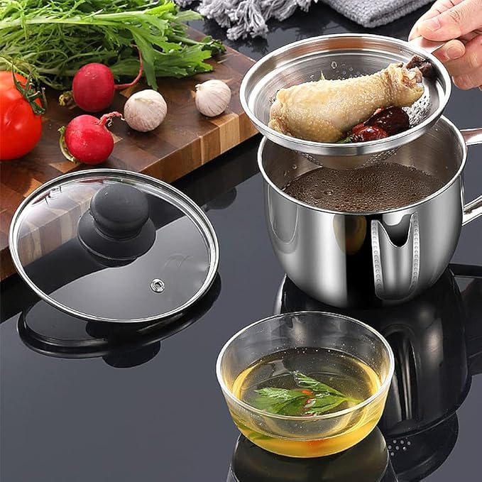 Stainless Steel Fat Separator 4 Cup/1000ML Gravy Grease Separator with Strainer and Glass Lid, Soup Oil Separator Cup for Cooking, Oil Soup Separator Strainer Pot for Kitchen